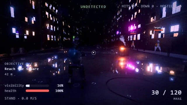 The demo game: a rain-soaked street at night with objective and ammo HUD