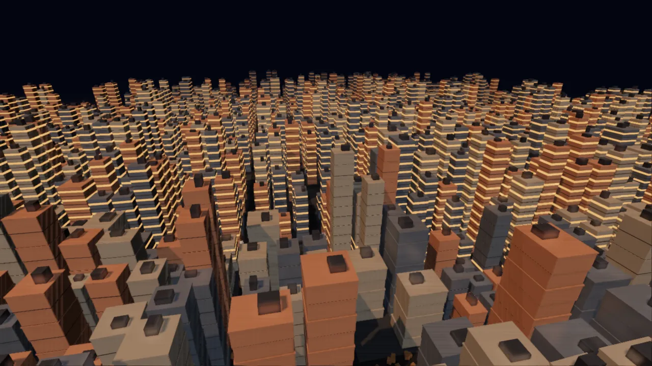 An aerial view of a large city district rendered in orange evening light