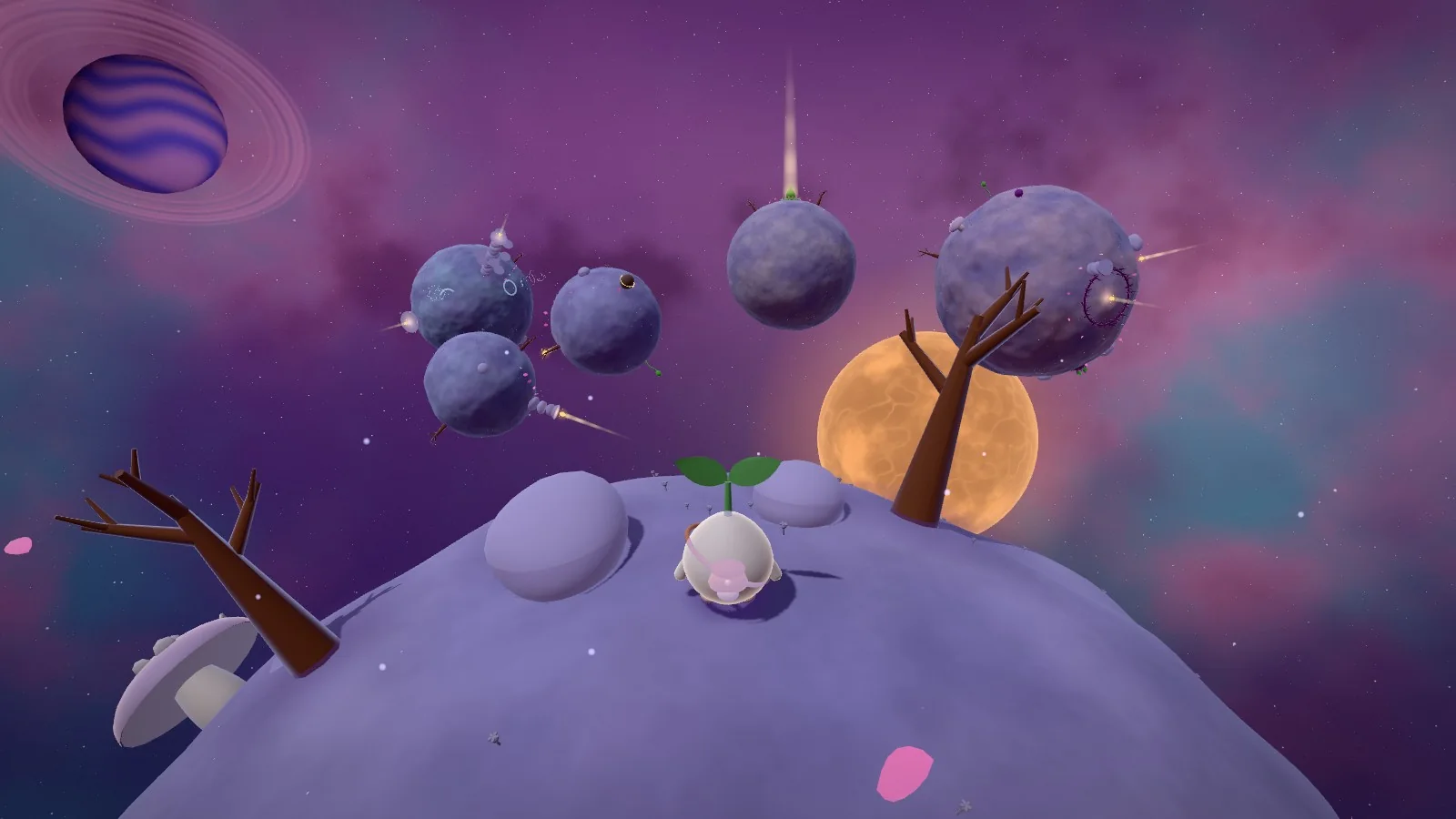 A round cream seedling with a two-leaf sprout standing on a lavender planet with bare trees, other tiny planets and an orange ember sun in a purple nebula