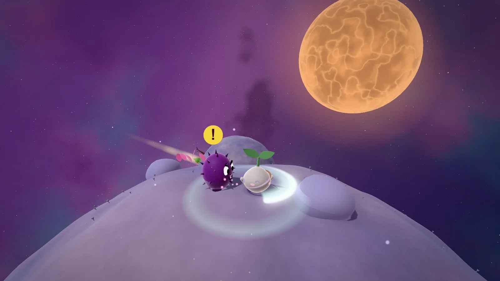 The seedling spinning in a swoosh of light beside a startled purple thistle creature on a lavender planet