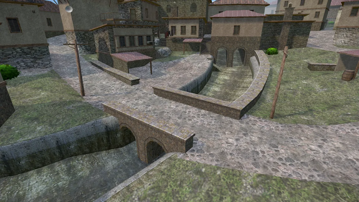 A stone village square with an aqueduct channel and two soldiers crossing a bridge
