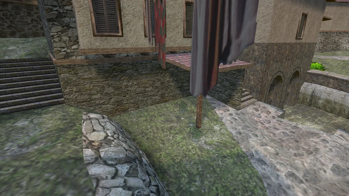 Stone steps and a curtained doorway on a narrow village street