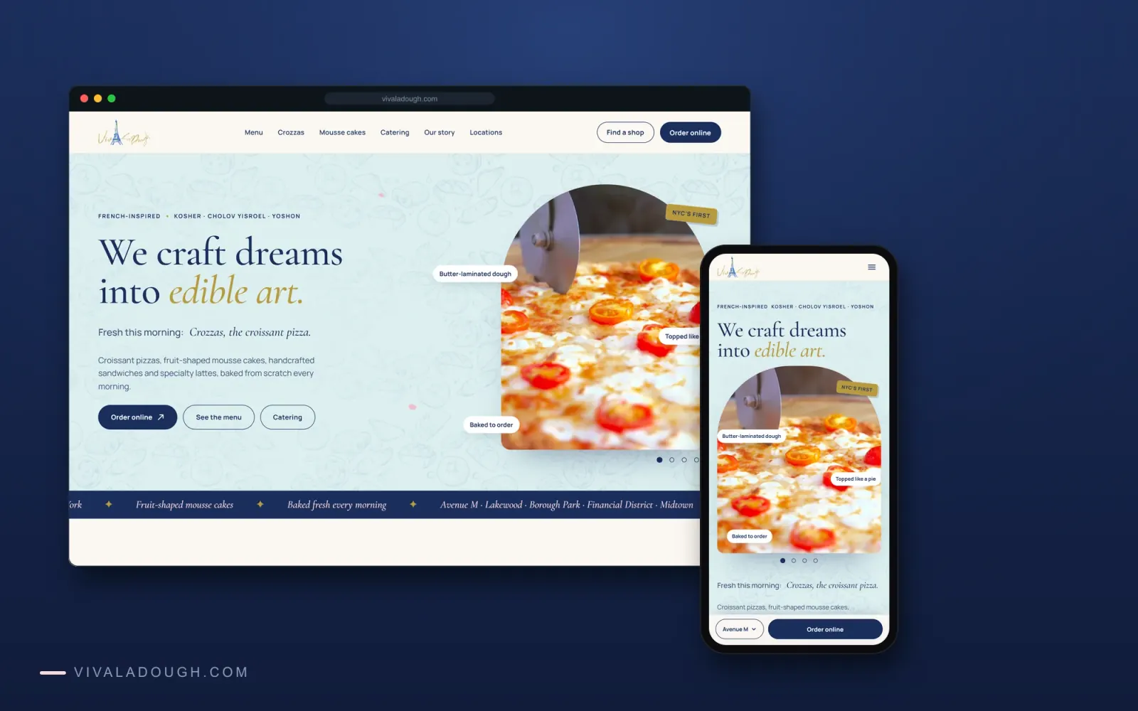 Viva La Dough homepage hero on desktop and phone