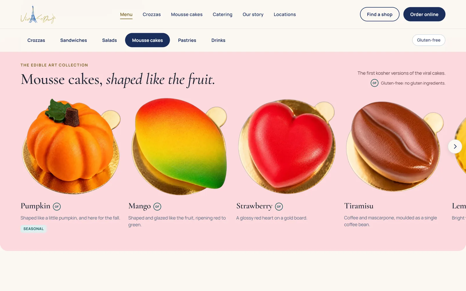 Menu section of fruit-shaped mousse cakes: pumpkin, mango, strawberry heart and tiramisu